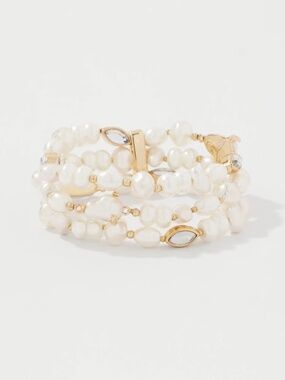 WHBM Glass Pearl 3 Strand Stretch Bracelet Gold Tone NWT